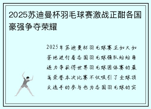 2025苏迪曼杯羽毛球赛激战正酣各国豪强争夺荣耀