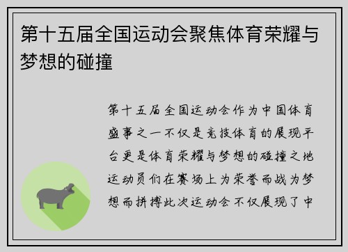 第十五届全国运动会聚焦体育荣耀与梦想的碰撞